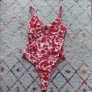 Red Flower Mesh Bodysuit Size Large